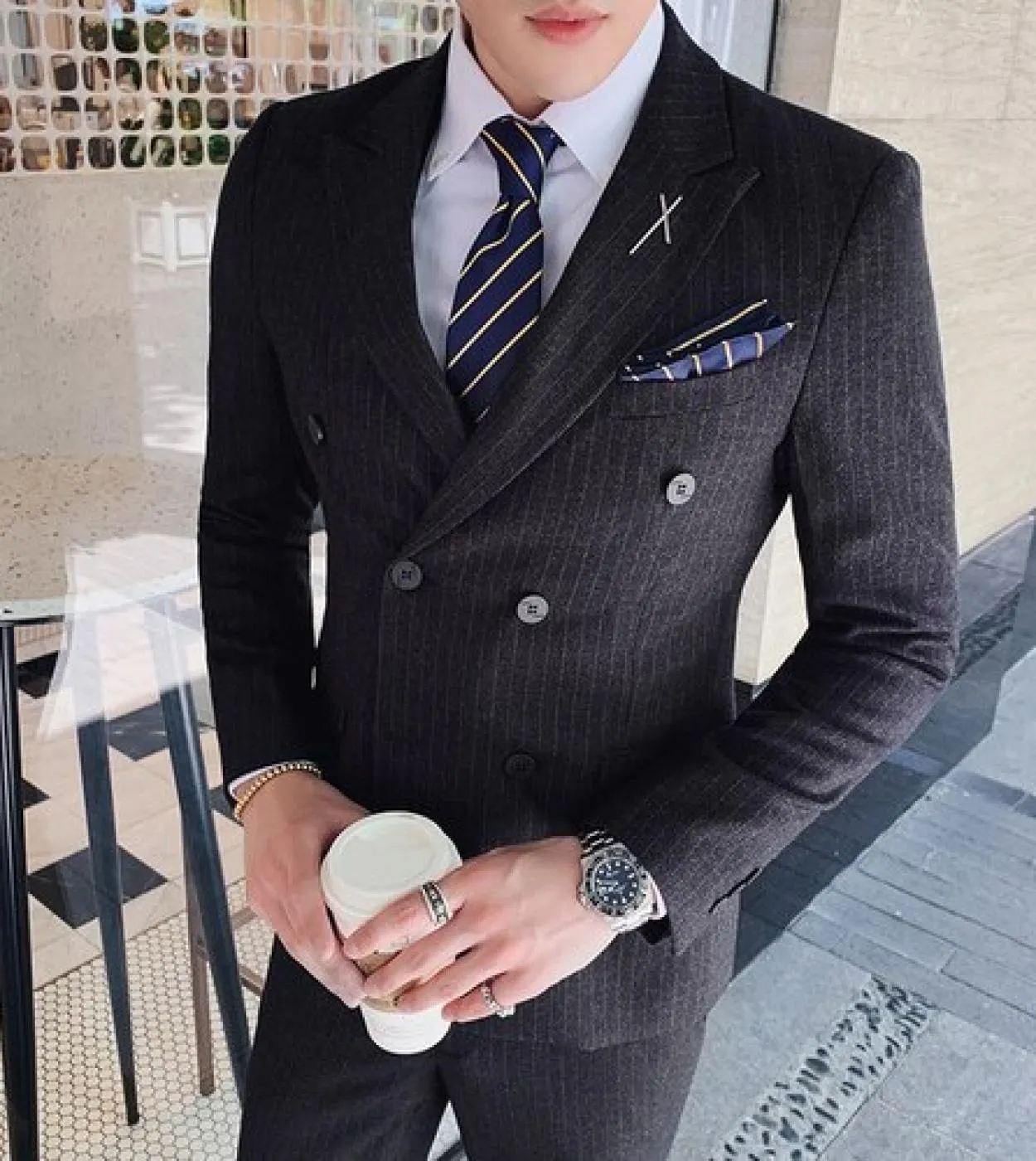 1 pezzo giacca Mens Fashion Boutique Casual Business Abito a righe Cappotto Sposo Abito da sposa Uomo Blu Nero Grigio Formale
