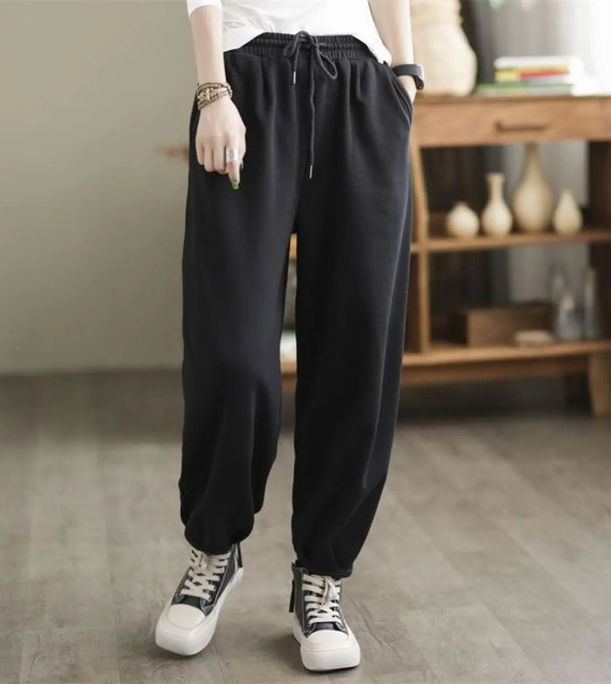 2022 Autunno Inverno New Arts Style Donna Vita elastica Pantaloni larghi alla caviglia Tutti abbinati Casual Addensare Caldo Har