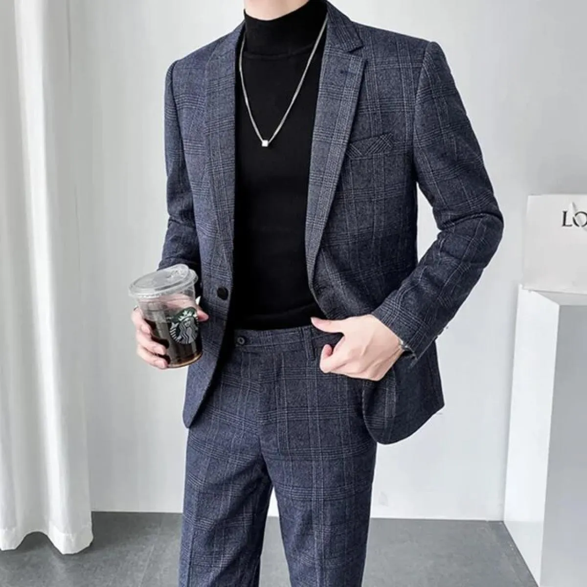 Abito da uomo Blazer Pantaloni Gilet Set da 3 pezzi / Matrimonio maschile Nuovo autunno Business Abito scozzese formale Cappotto