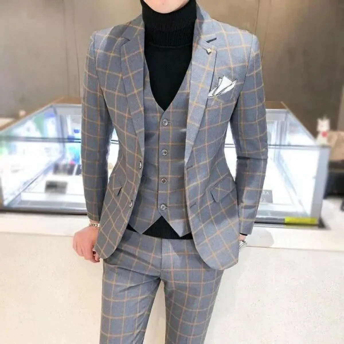 Abito da uomo Blazer Pantaloni Gilet Set da 3 pezzi / Matrimonio maschile Nuovo autunno Business Abito scozzese formale Cappotto