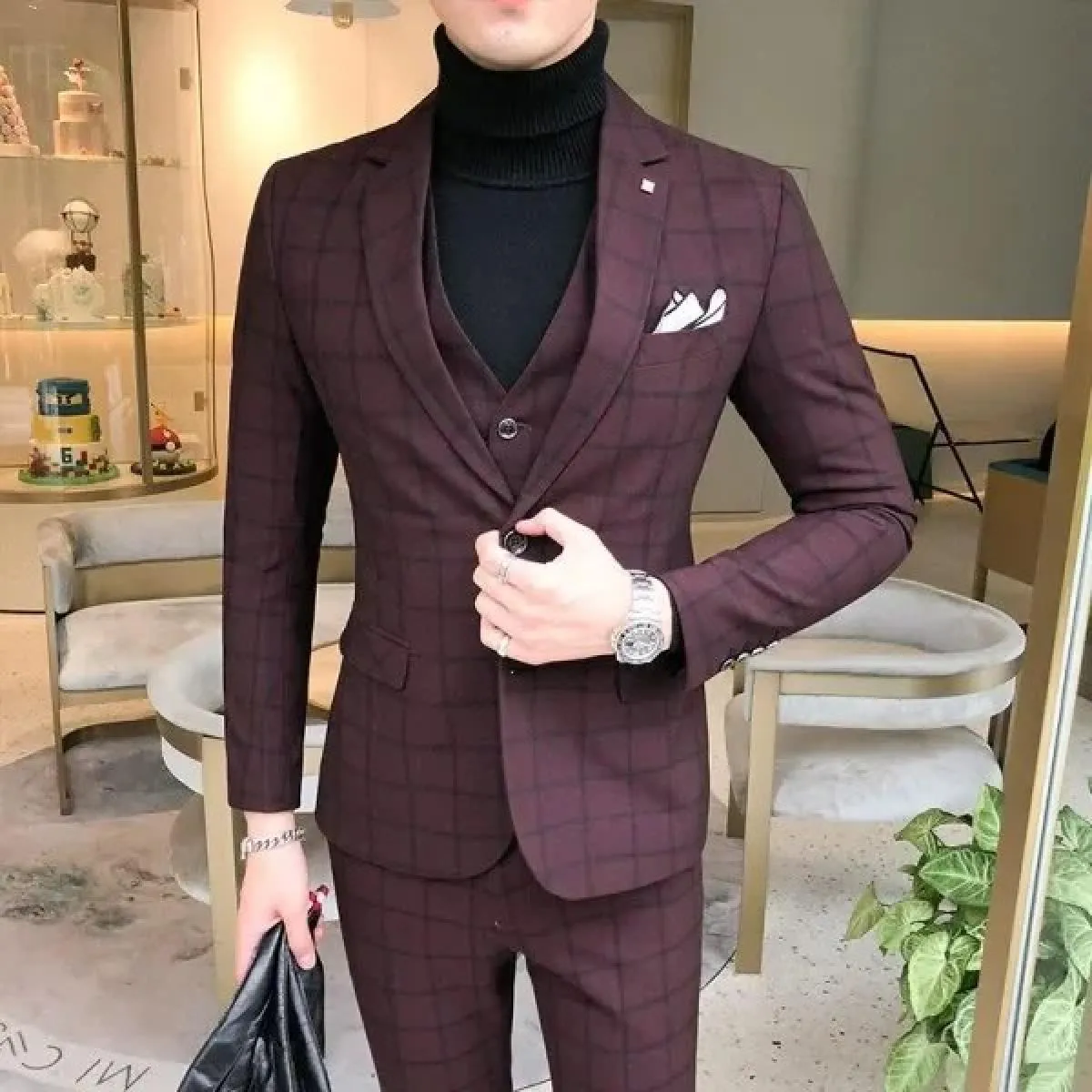 Abito da uomo Blazer Pantaloni Gilet Set da 3 pezzi / Matrimonio maschile Nuovo autunno Business Abito scozzese formale Cappotto