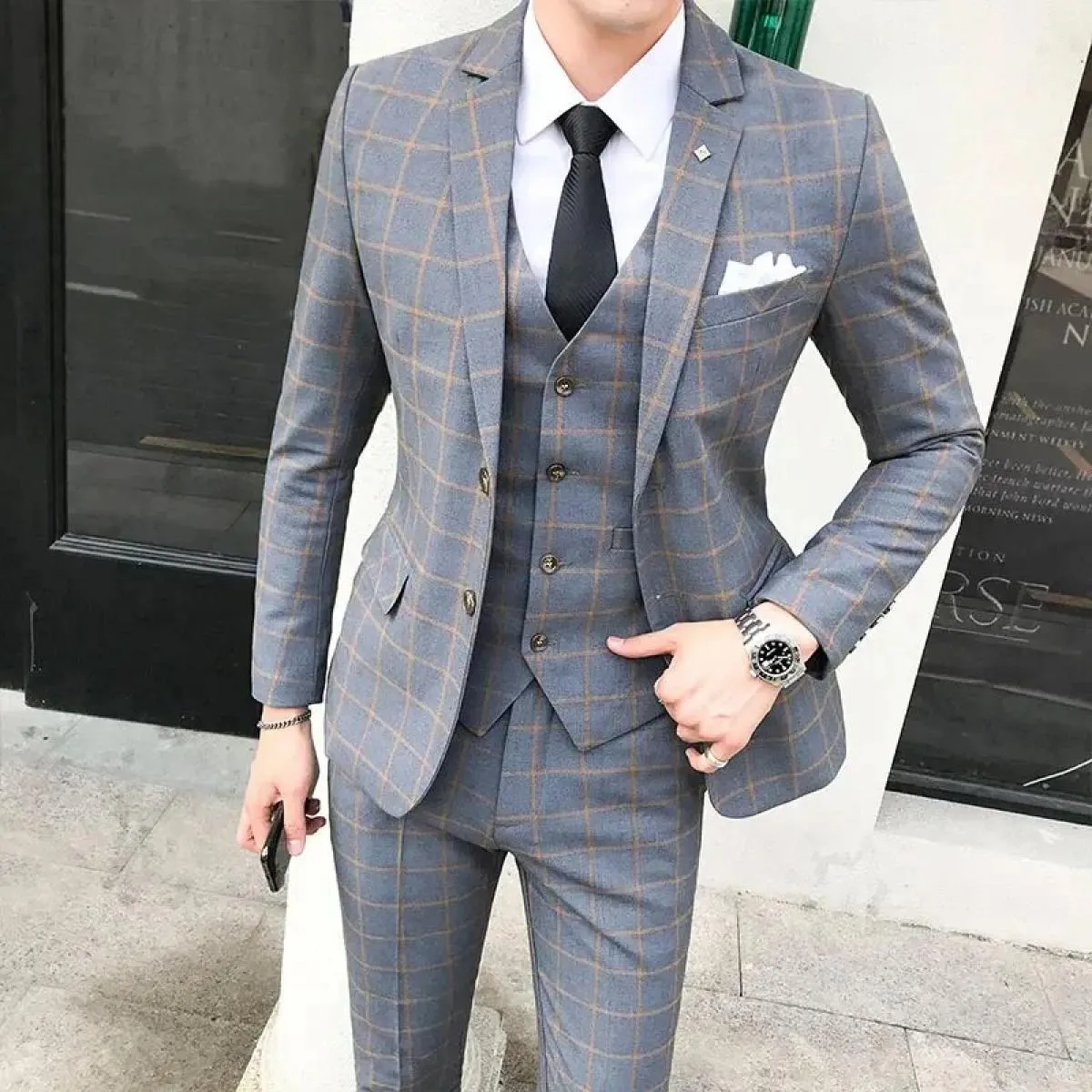 Abito da uomo Blazer Pantaloni Gilet Set da 3 pezzi / Matrimonio maschile Nuovo autunno Business Abito scozzese formale Cappotto