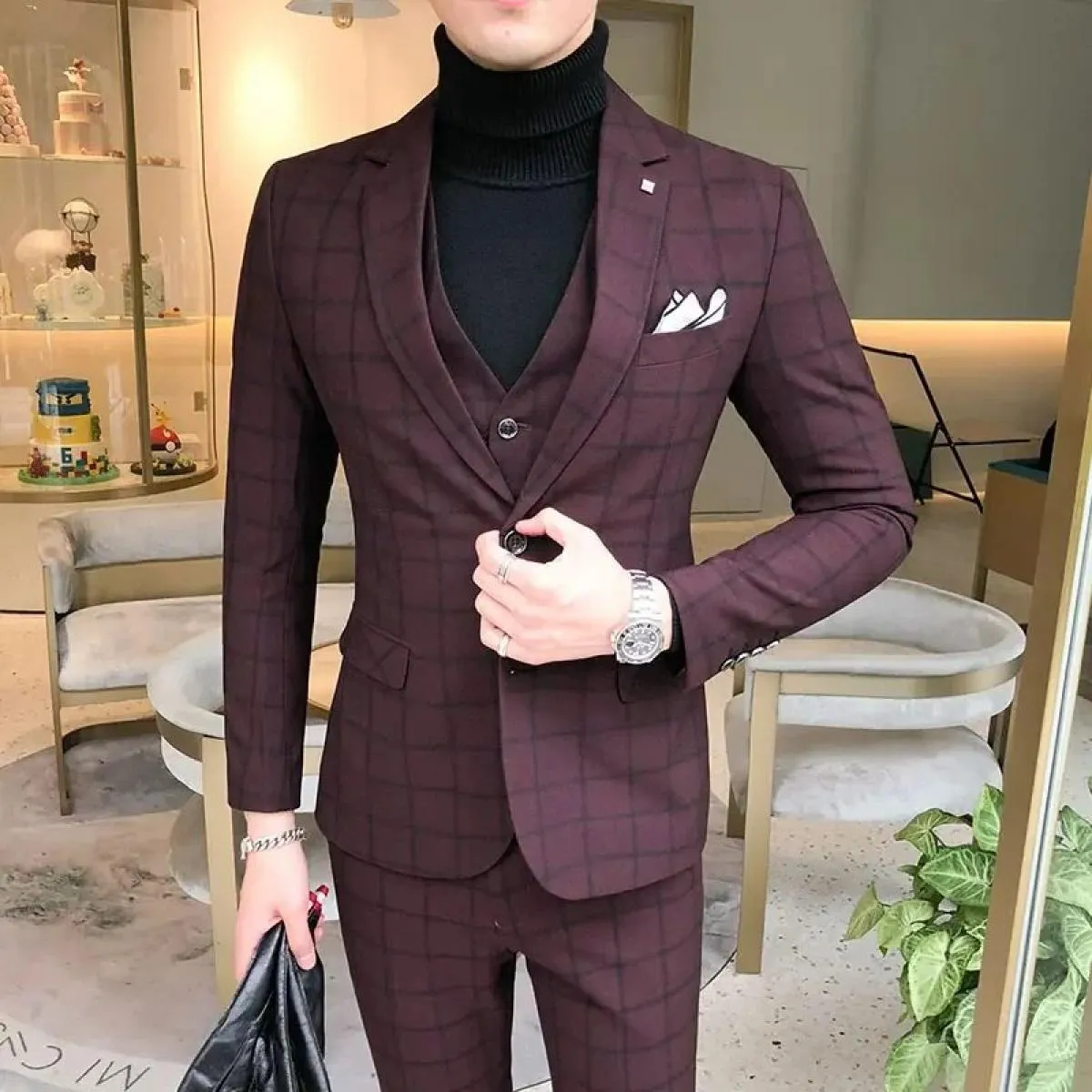 Abito da uomo Blazer Pantaloni Gilet Set da 3 pezzi / Matrimonio maschile Nuovo autunno Business Abito scozzese formale Cappotto
