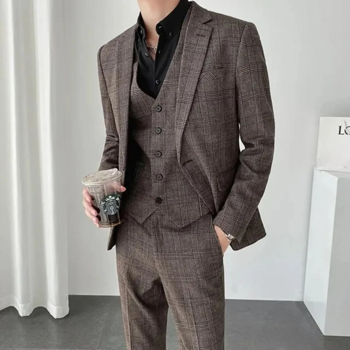 Abito da uomo Blazer Pantaloni Gilet Set da 3 pezzi / Matrimonio maschile Nuovo autunno Business Abito scozzese formale Cappotto