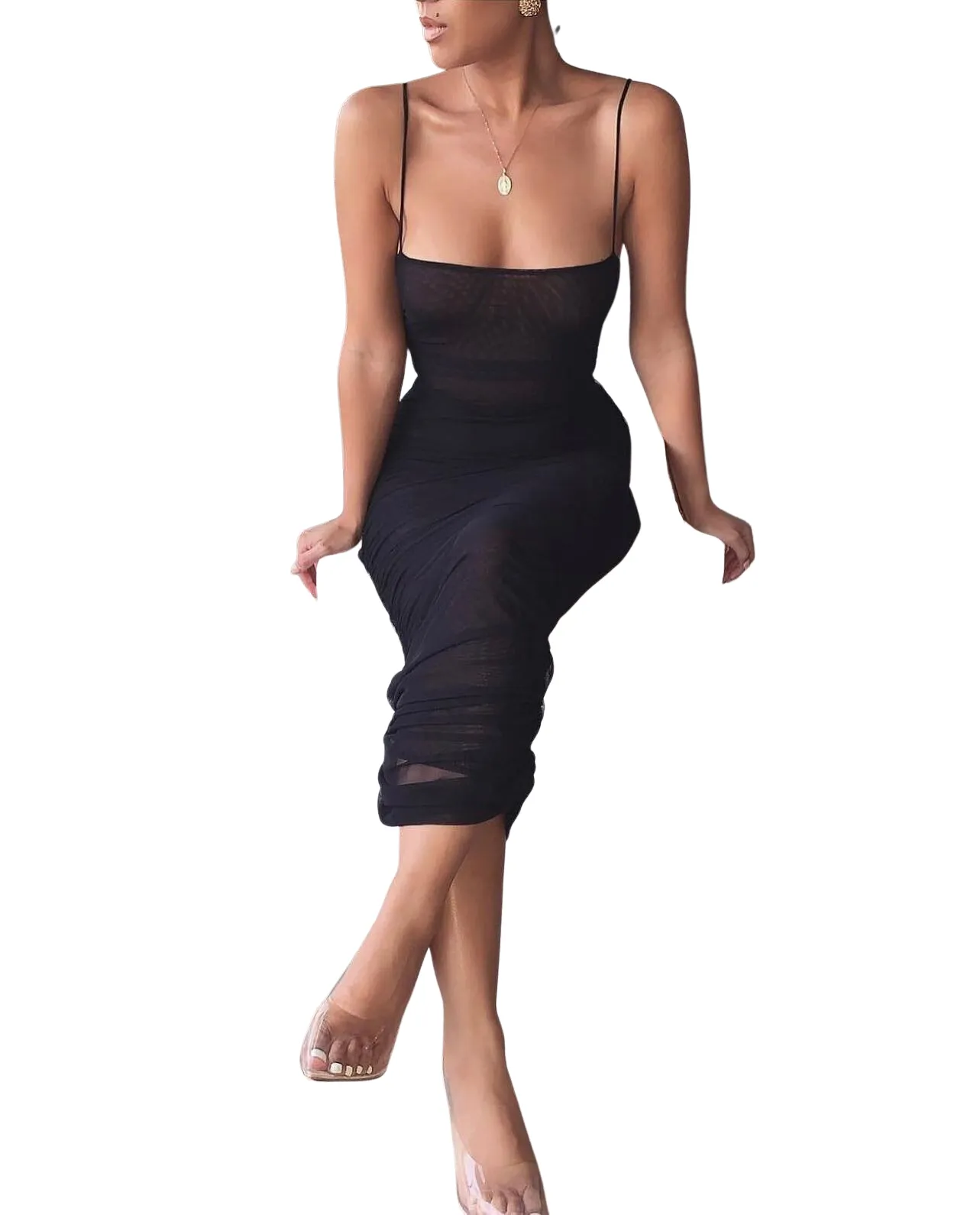 Abito Donna Longuette Scollo Quadrato Bretelle Tulle Drappeggiato Aderente Elegante Sensuale