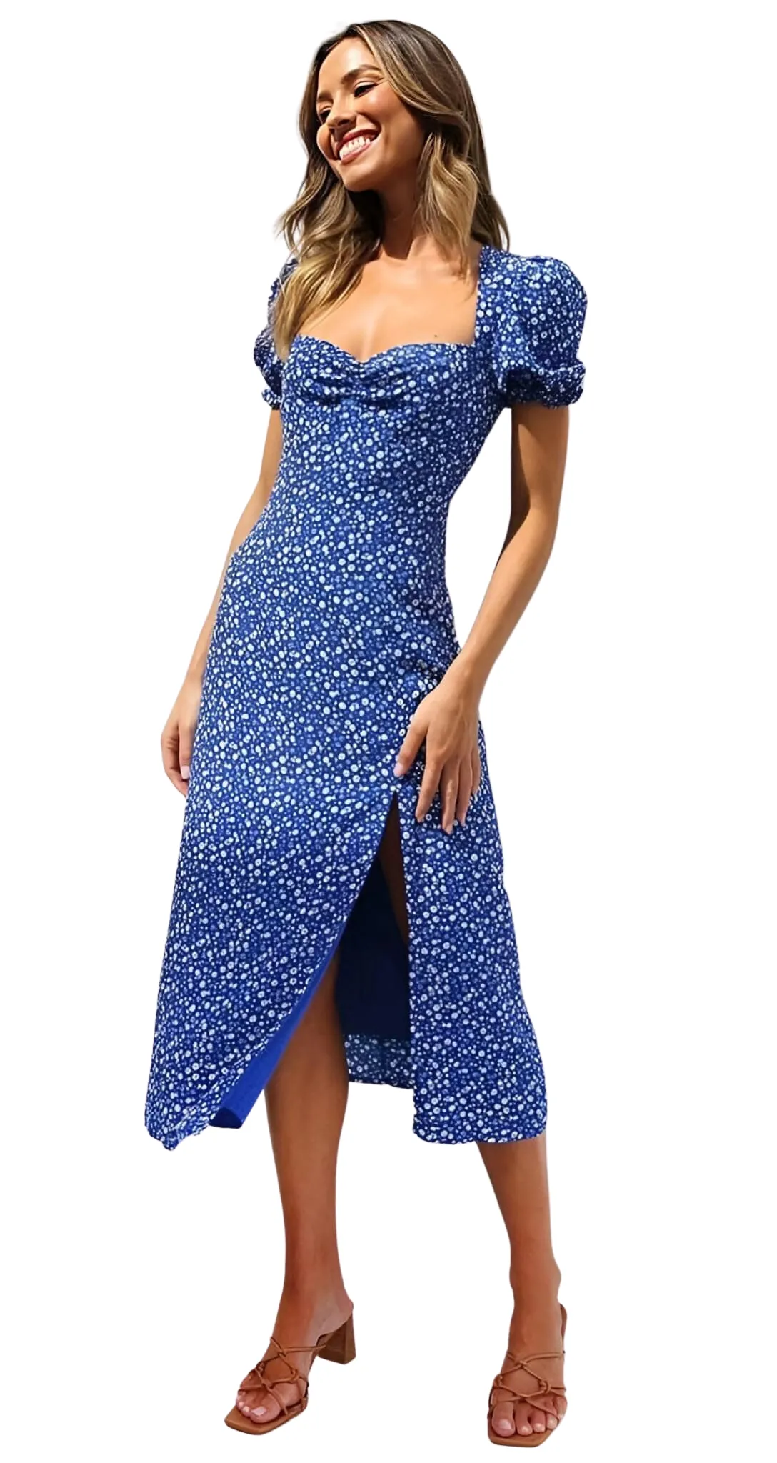 Abito Donna Scollo Cuore Mezza Manica Sbuffo Spacco Fantasia Fiori Casual
