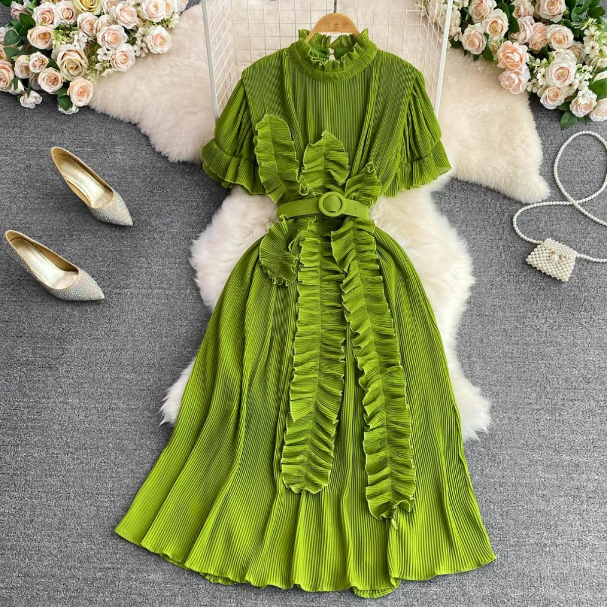 Abito estivo di lusso Abito plissettato verde blu a pieghe Abito midi di lusso da donna