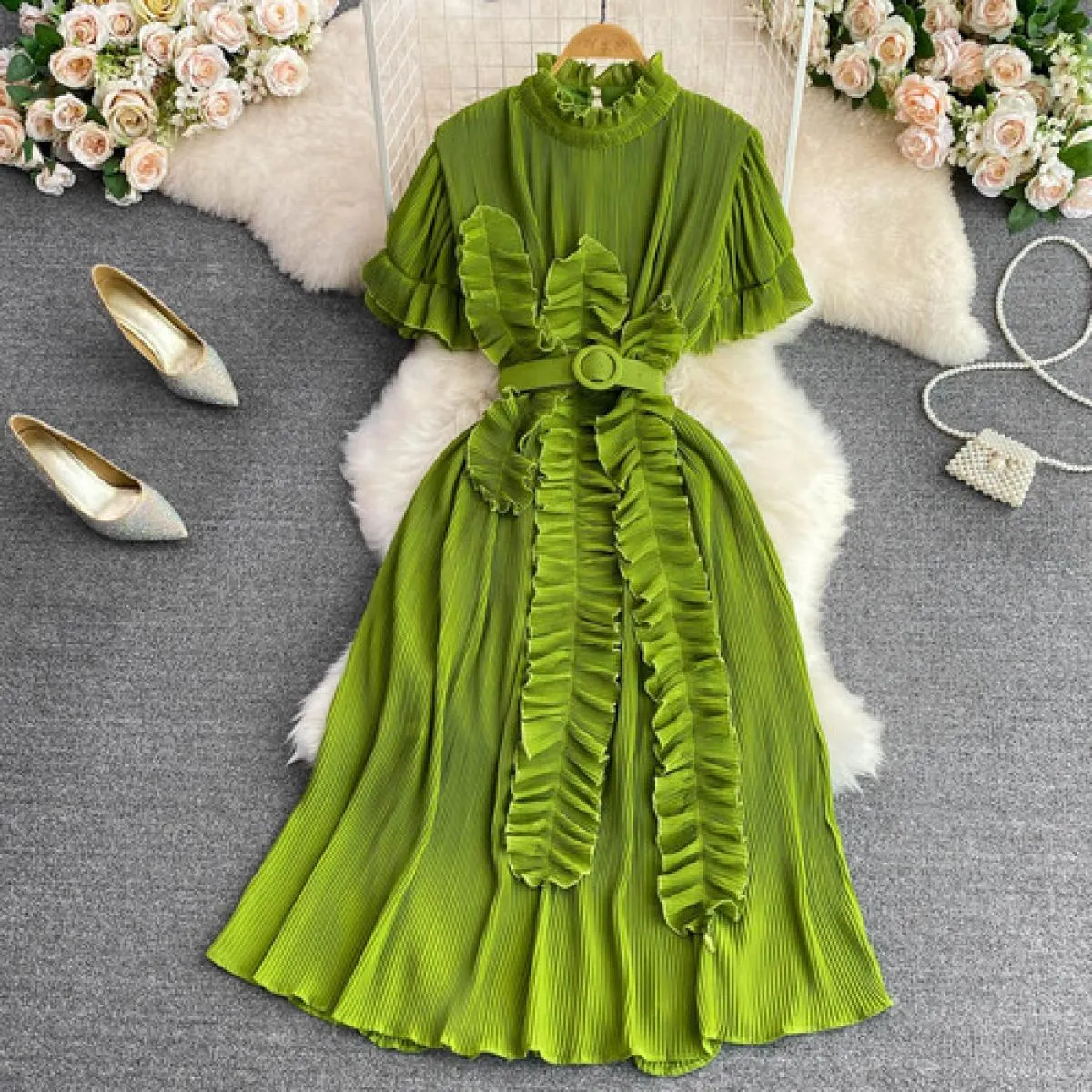 Abito estivo di lusso Abito plissettato verde blu a pieghe Abito midi di lusso da donna