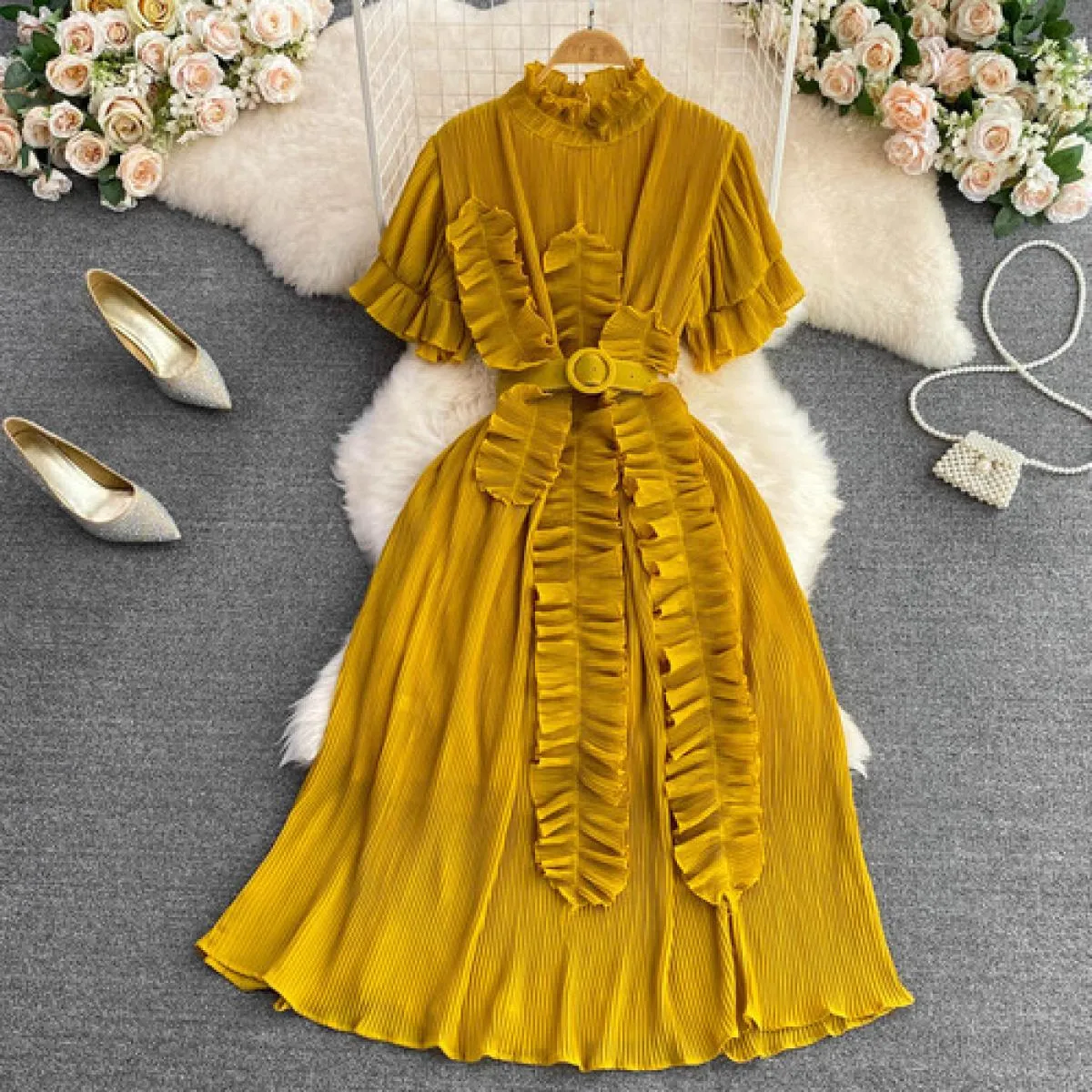 Abito estivo di lusso Abito plissettato verde blu a pieghe Abito midi di lusso da donna