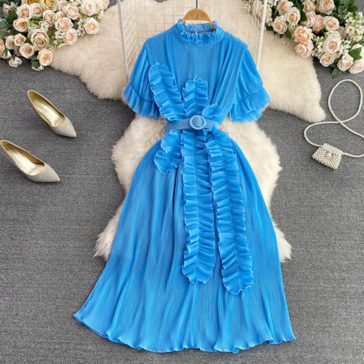 Abito estivo di lusso Abito plissettato verde blu a pieghe Abito midi di lusso da donna