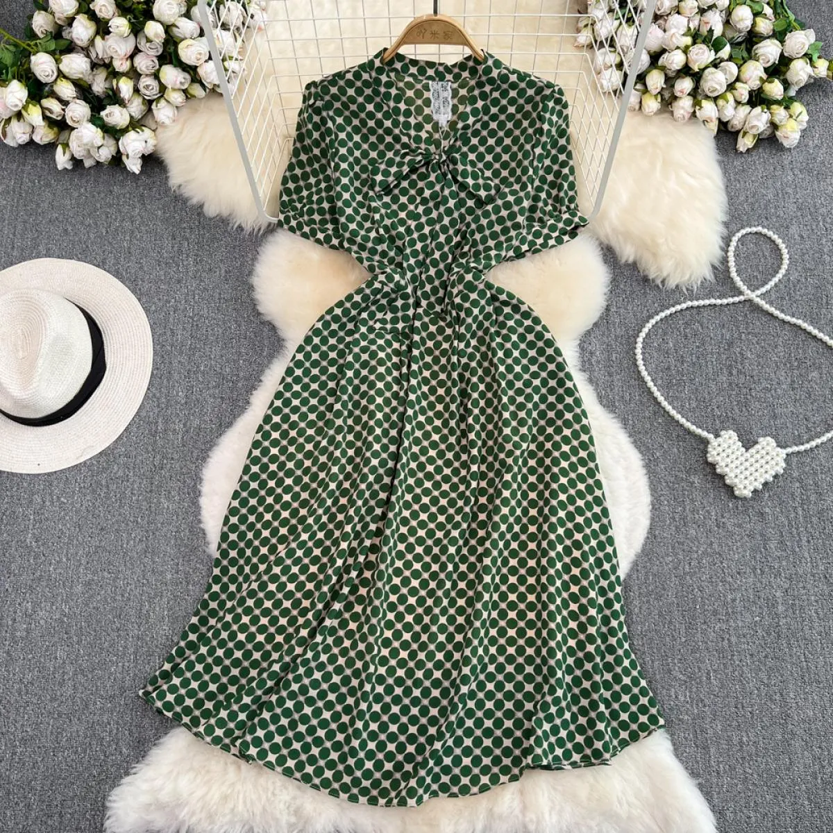 Abito longuette elegante estivo per donna Abito longuette a pois con scollo a barchetta Abiti lunghi da donna Verde Office Lady