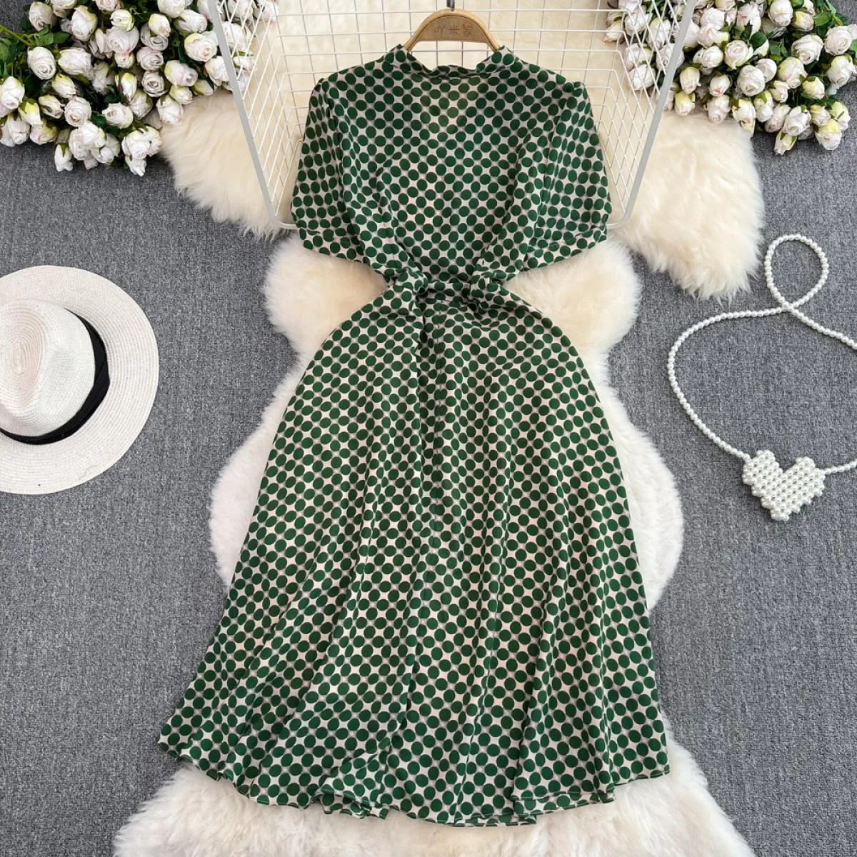 Abito longuette elegante estivo per donna Abito longuette a pois con scollo a barchetta Abiti lunghi da donna Verde Office Lady