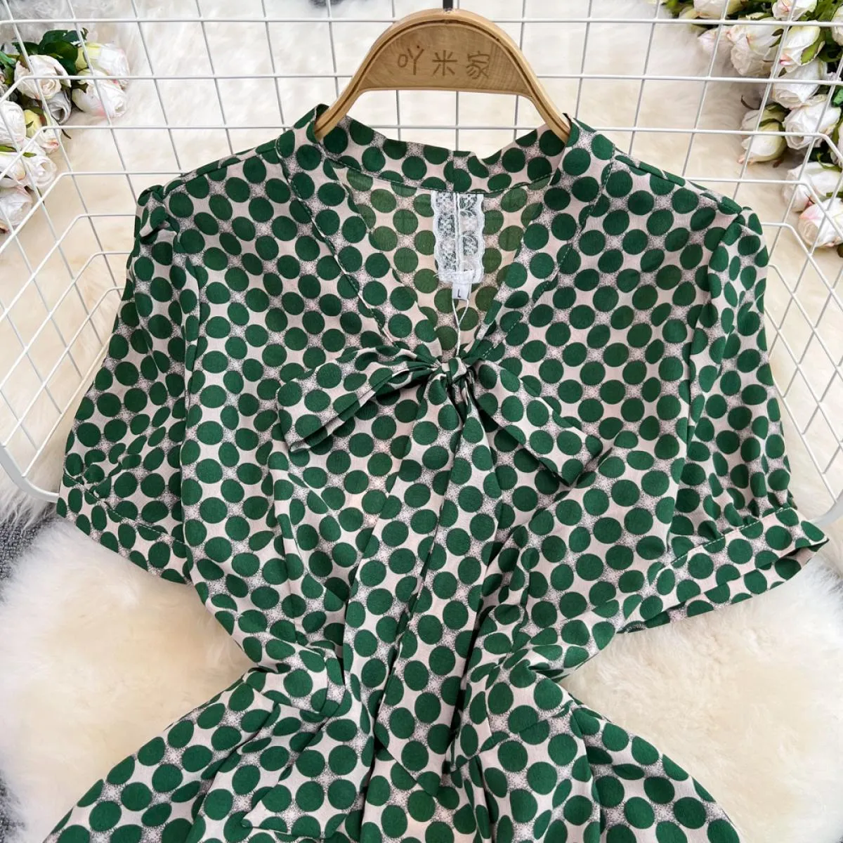 Abito longuette elegante estivo per donna Abito longuette a pois con scollo a barchetta Abiti lunghi da donna Verde Office Lady