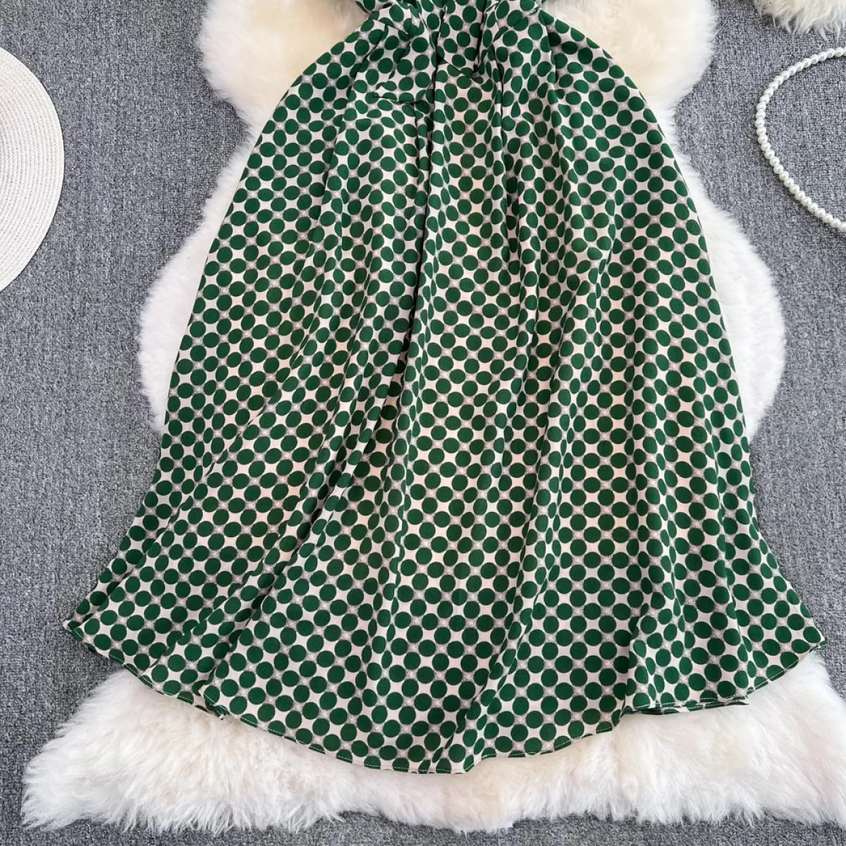 Abito longuette elegante estivo per donna Abito longuette a pois con scollo a barchetta Abiti lunghi da donna Verde Office Lady