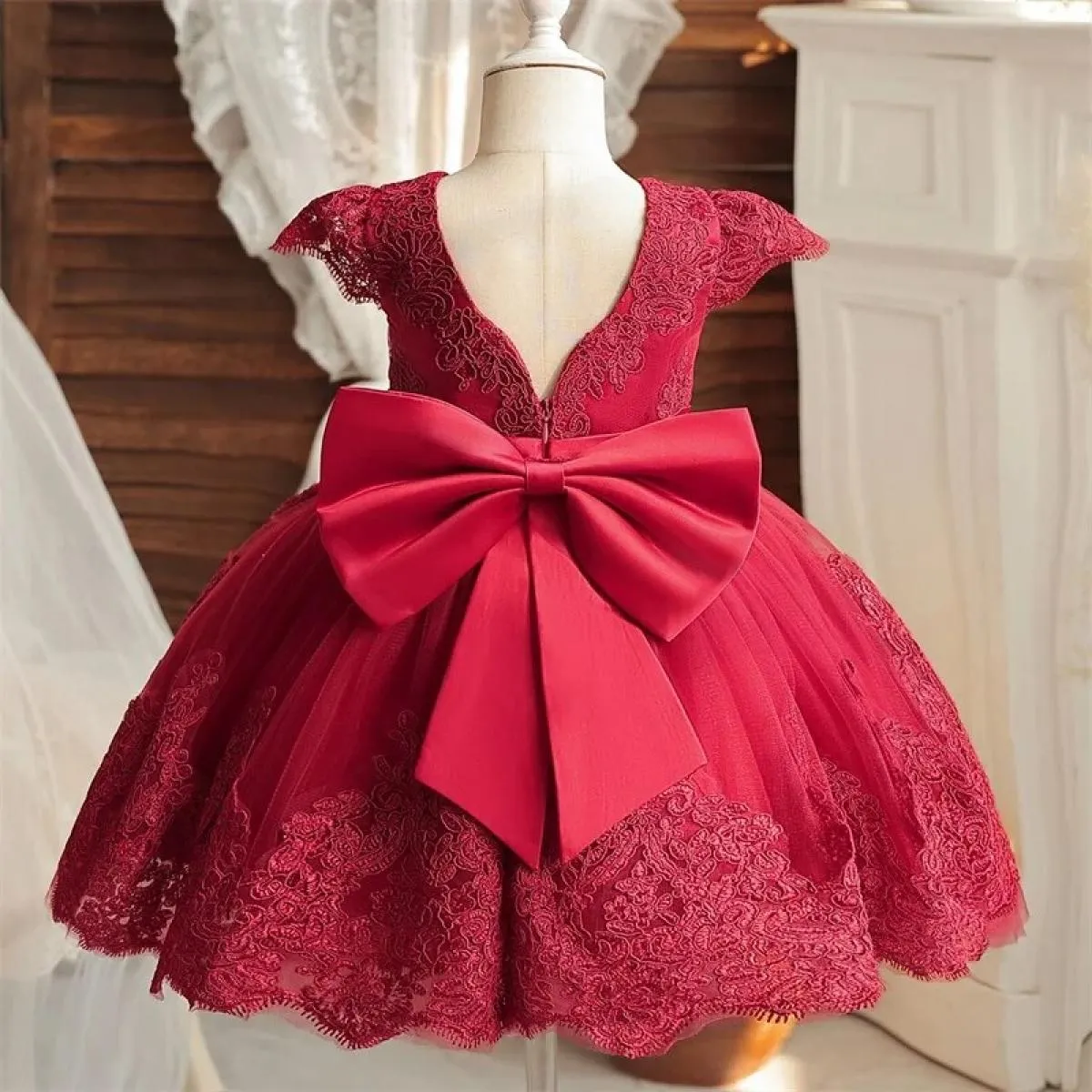 Abito natalizio rosso per ragazze con fiocco per bambini, abito da festa per il primo compleanno, elegante tutù natalizio per pr
