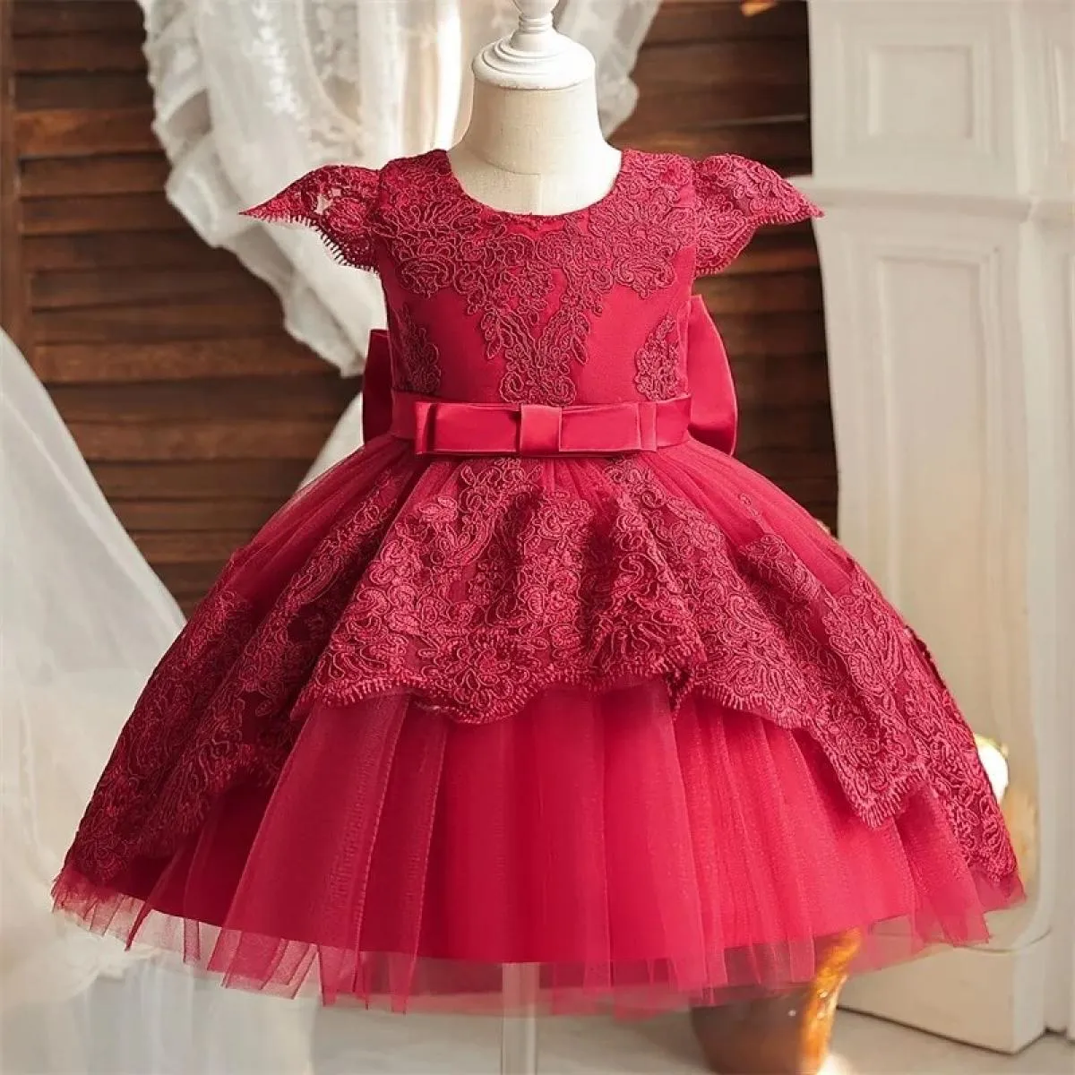 Abito natalizio rosso per ragazze con fiocco per bambini, abito da festa per il primo compleanno, elegante tutù natalizio per pr