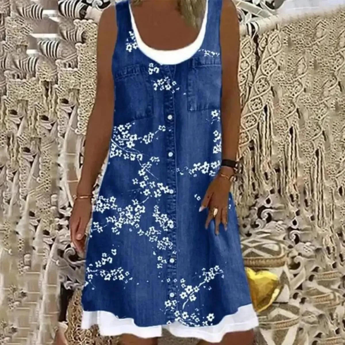 Abito senza maniche in denim imitazione per ragazze 2023 Abbigliamento estivo da donna Abiti corti da spiaggia Gonna longuette e