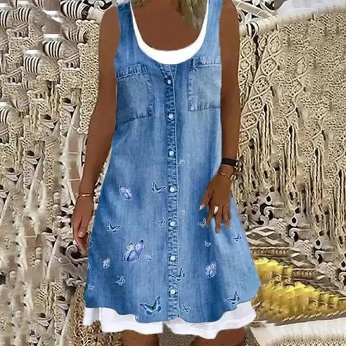 Abito senza maniche in denim imitazione per ragazze 2023 Abbigliamento estivo da donna Abiti corti da spiaggia Gonna longuette e