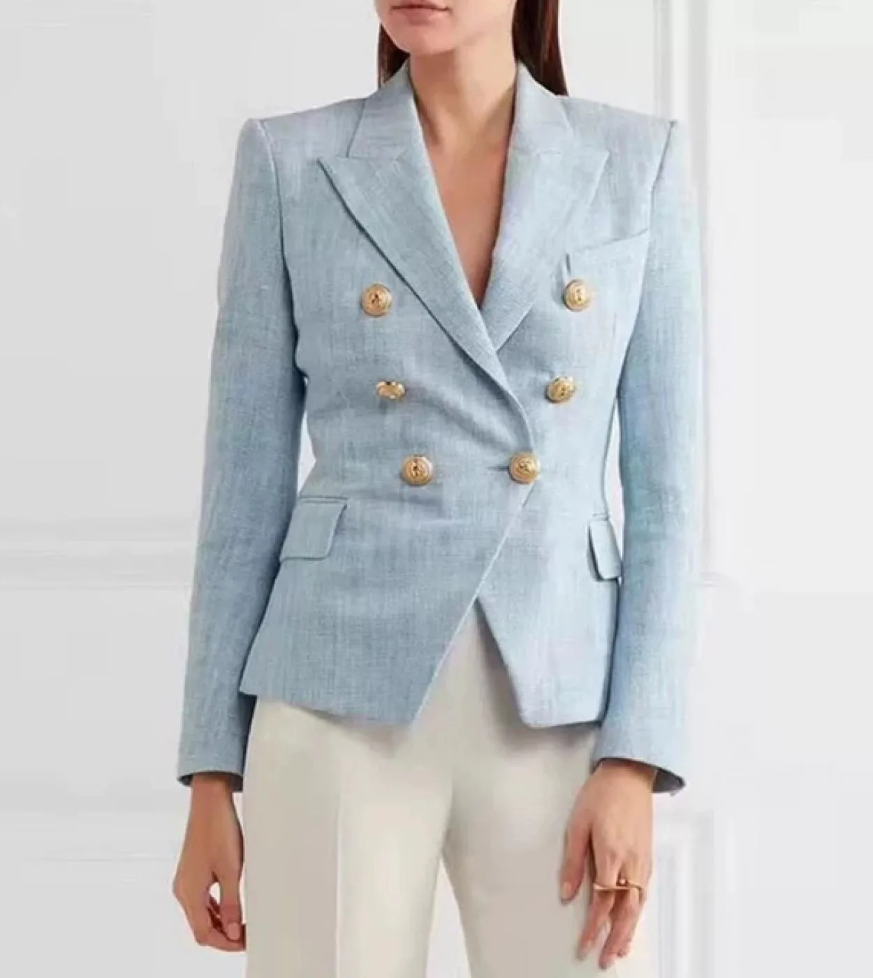 Blazer azzurro da donna alla moda di alta qualità Giacca da ufficio in cotone con bottoni a doppio petto a maniche lunghe con in