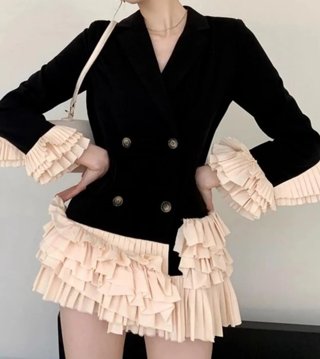 Blazer da donna a maniche lunghe con colletto dentellato Cappotto da donna doppio petto allentato dolce patchwork con volant Top