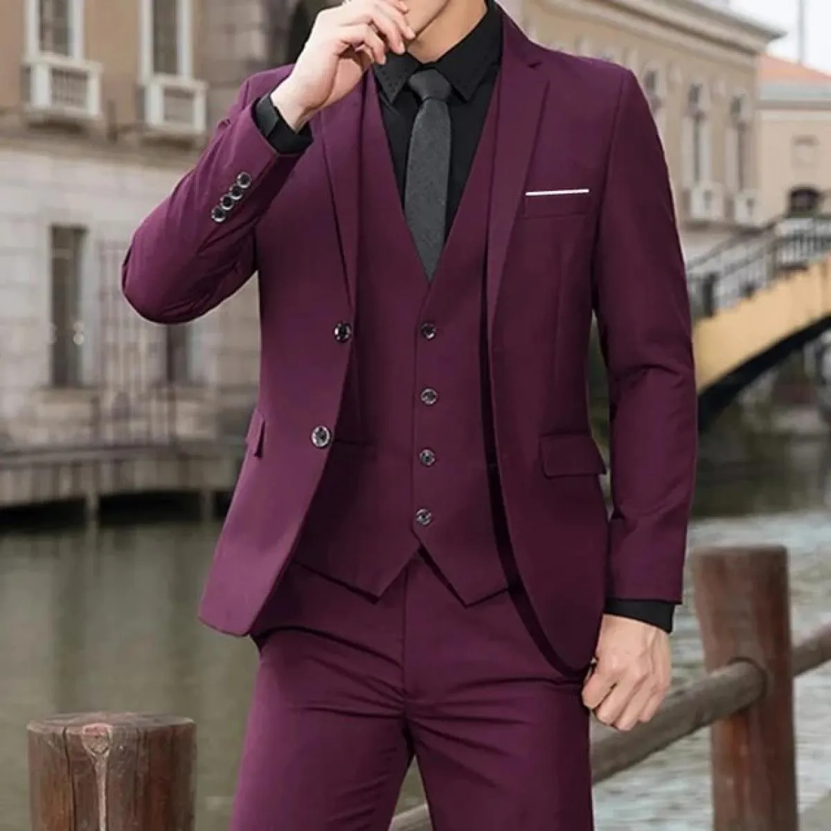 Blazer da sposo da uomo d'affari, pantaloni, abito da sposa, banchetto, tinta unita, vestibilità slim, giacca, cappotto, gilet,