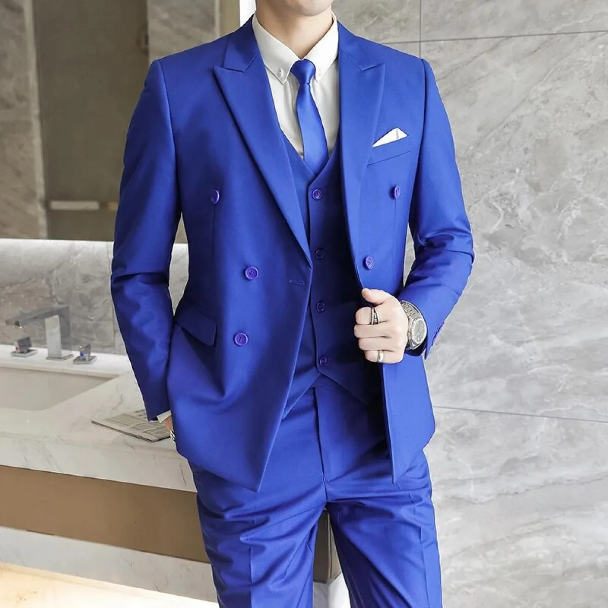 Blazer da uomo slim fit business tinta unita di alta qualità doppio petto plus size abito in tre pezzi cappotto gilet pantaloni