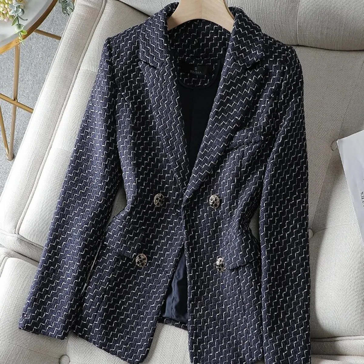 Cappotto blazer slim casual da donna a righe blu blu nere Giacca doppiopetto a maniche lunghe da donna autunno inverno femminile