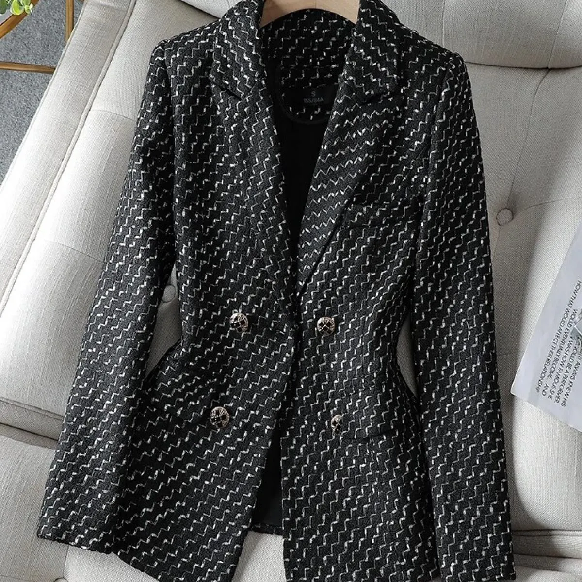 Cappotto blazer slim casual da donna a righe blu blu nere Giacca doppiopetto a maniche lunghe da donna autunno inverno femminile