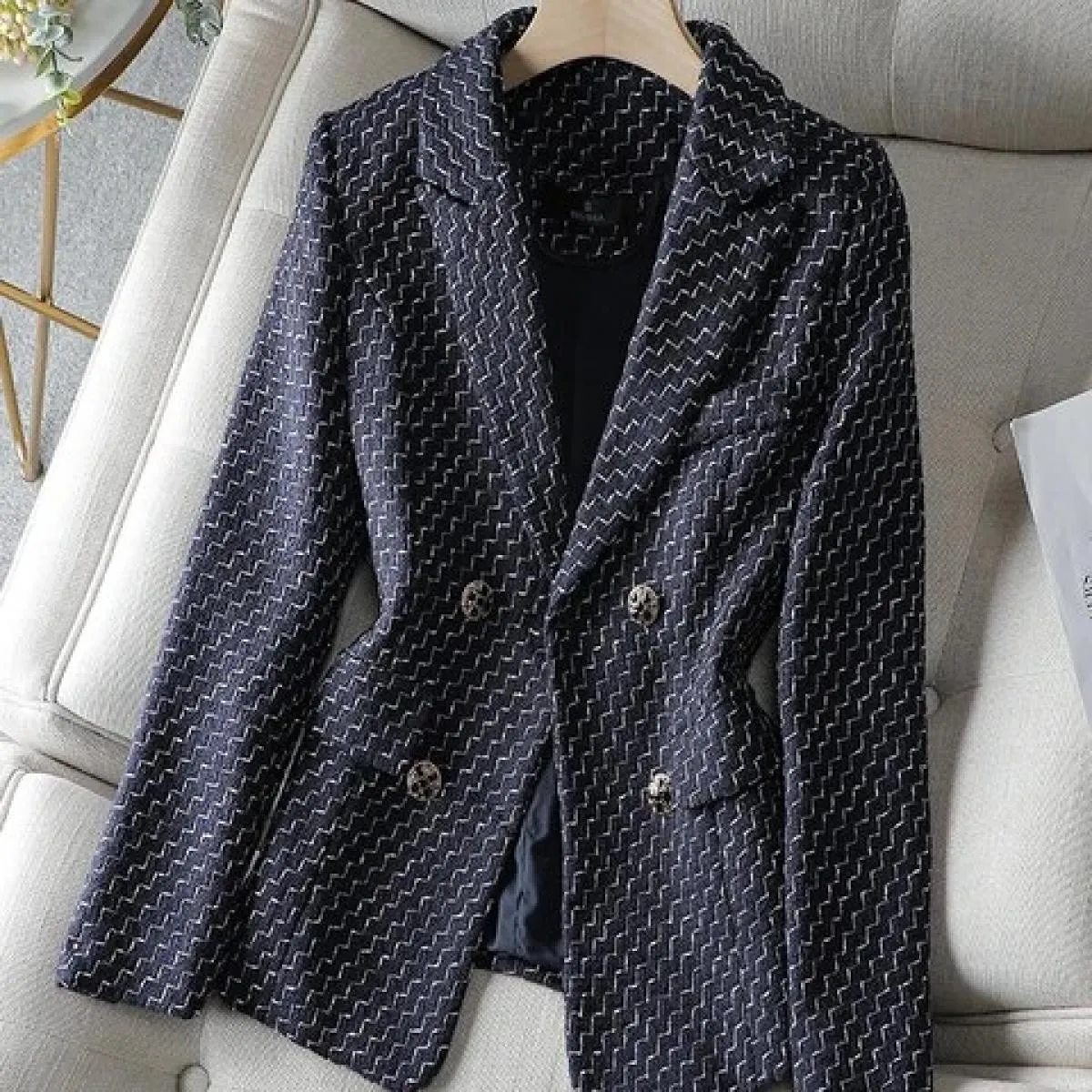 Cappotto blazer slim casual da donna a righe blu blu nere Giacca doppiopetto a maniche lunghe da donna autunno inverno femminile