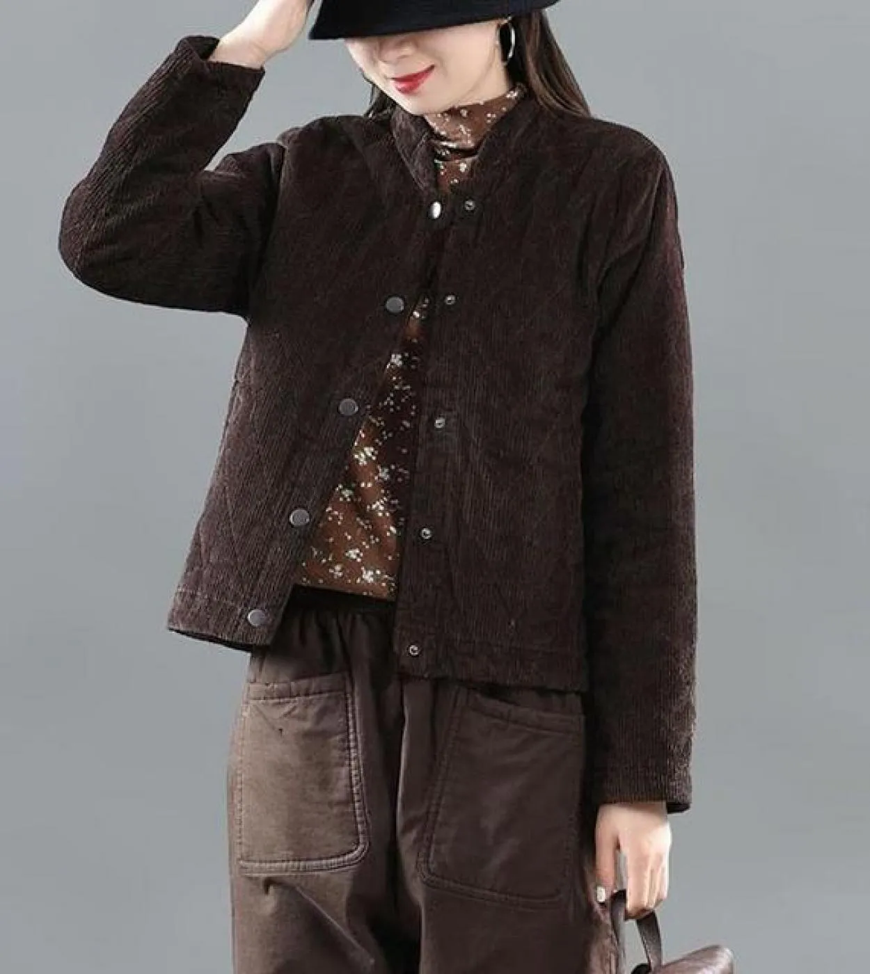 Cappotto corto in velluto a coste di cotone a maniche lunghe da donna stile arti autunnali Giacche spesse trapuntate larghe casu