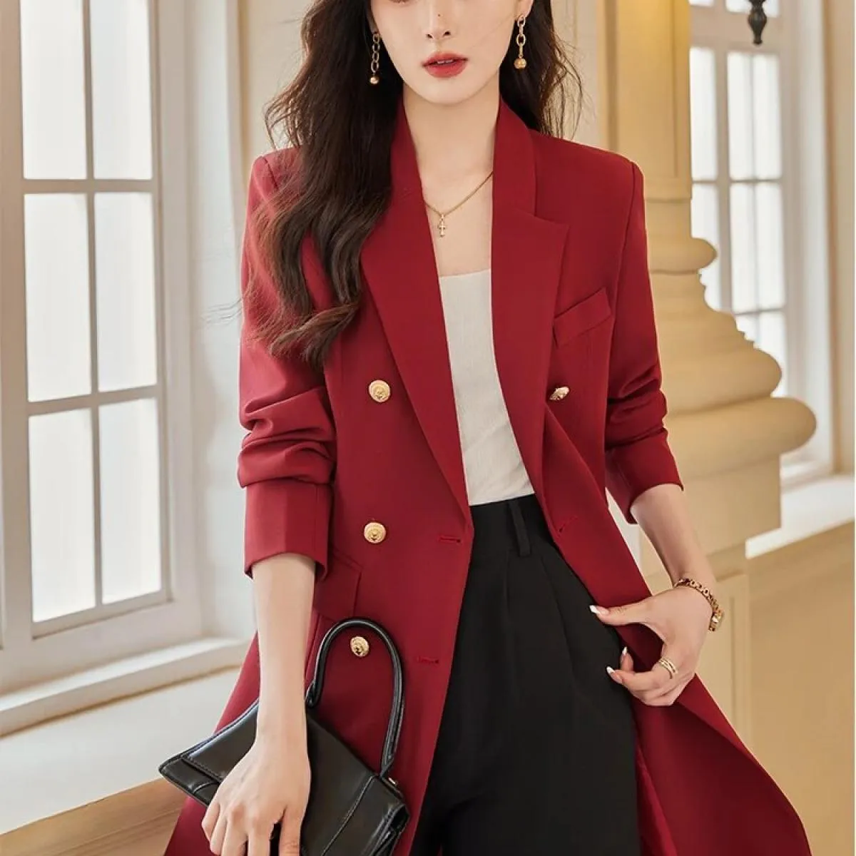 Cappotto da donna autunno inverno moda rosso rosa blu nero giacca casual da donna manica lunga triplo petto femminile