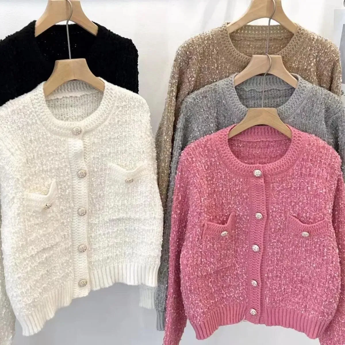 Chic temperamento autunnale colletto tondo bottoni chic cappotto corto casual allentato lavorato a maglia da donna