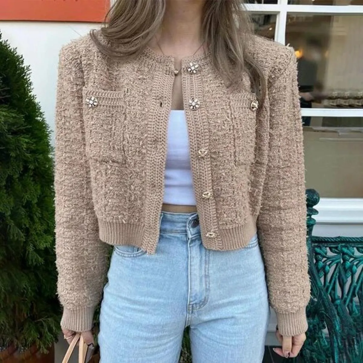 Chic temperamento autunnale colletto tondo bottoni chic cappotto corto casual allentato lavorato a maglia da donna