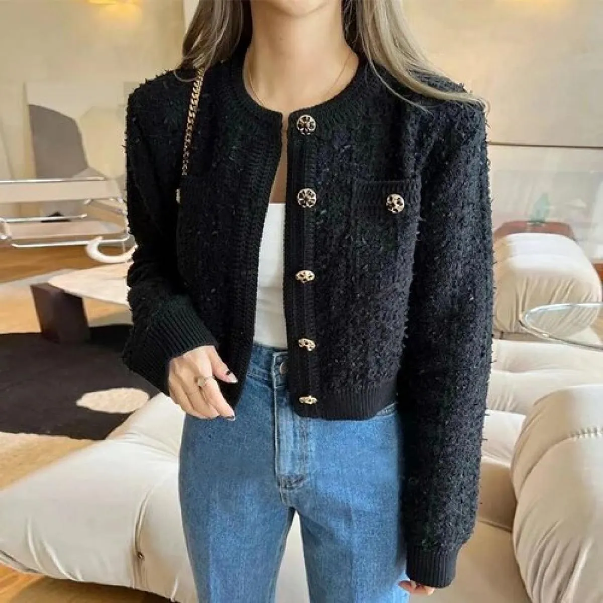 Chic temperamento autunnale colletto tondo bottoni chic cappotto corto casual allentato lavorato a maglia da donna