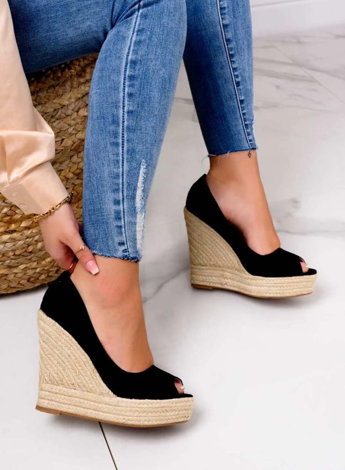 CLEO - Espadrillas nere scamosciate con zeppa