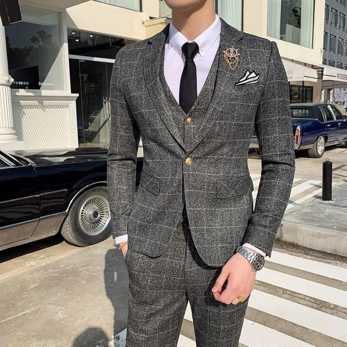 Completo da uomo formale da uomo d'affari scozzese in 3 pezzi da uomo / abito da uomo slim fit giacca da sposo cappotto pantalon