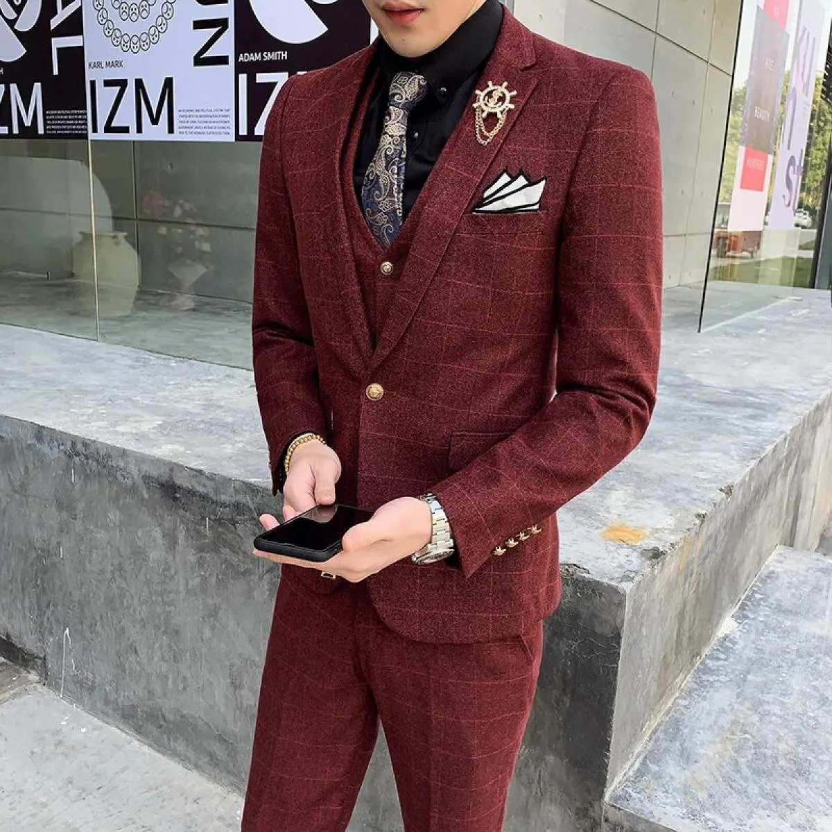 Completo da uomo formale da uomo d'affari scozzese in 3 pezzi da uomo / abito da uomo slim fit giacca da sposo cappotto pantalon