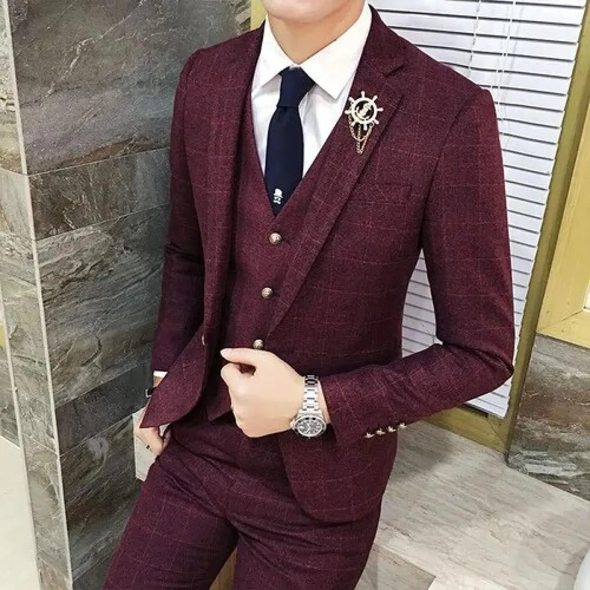 Completo da uomo formale da uomo d'affari scozzese in 3 pezzi da uomo / abito da uomo slim fit giacca da sposo cappotto pantalon