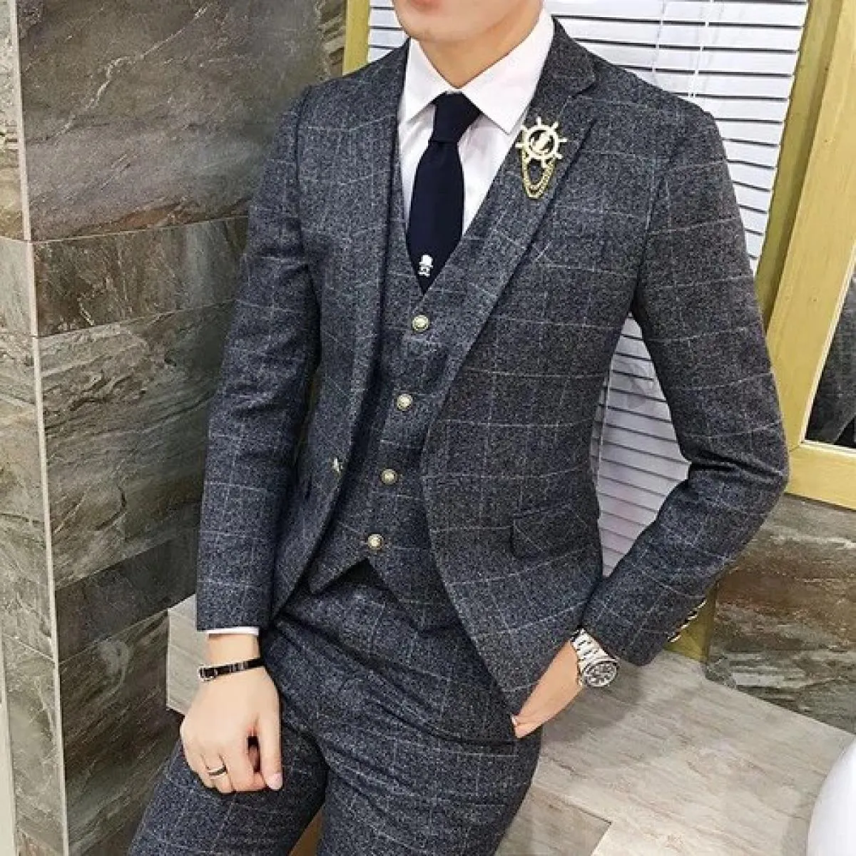 Completo da uomo formale da uomo d'affari scozzese in 3 pezzi da uomo / abito da uomo slim fit giacca da sposo cappotto pantalon
