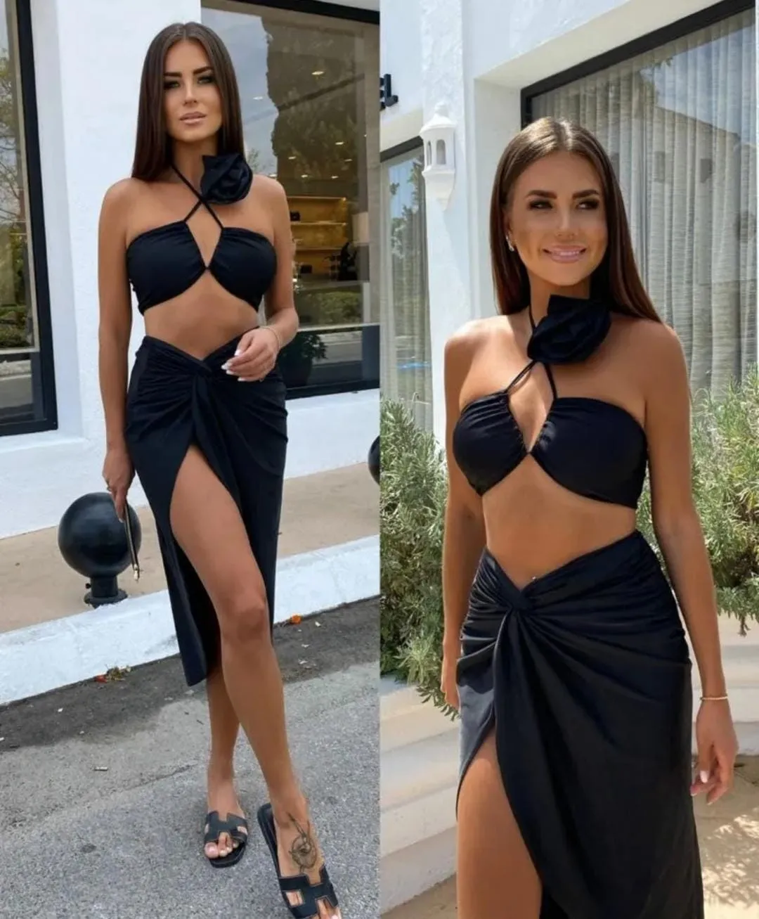Completo Donna Top Scollo Cuore Bretella Fiore Gonna Longuette Spacco Nodo Monocolore