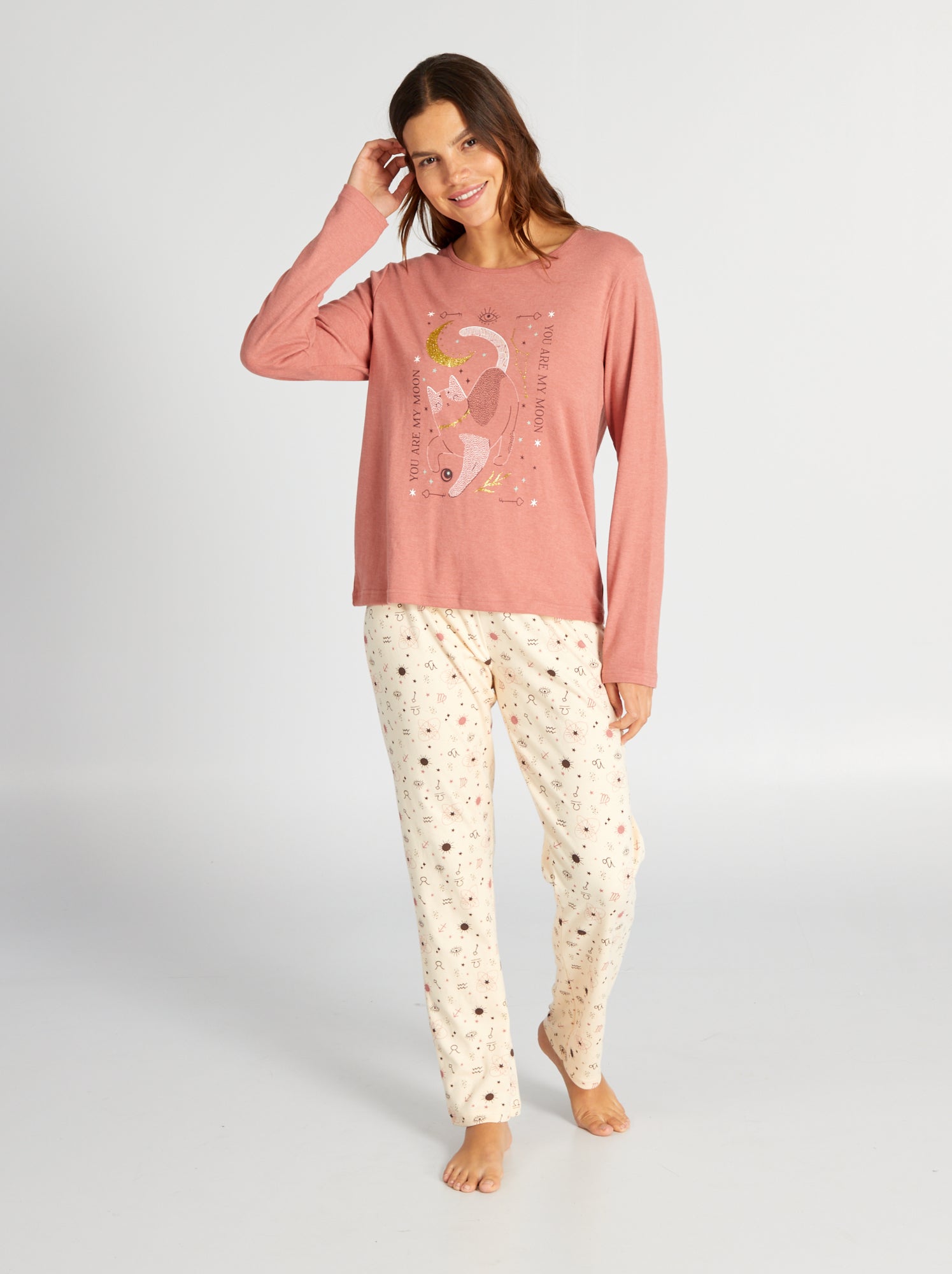 Completo pigiama lungo t-shirt + pantaloni in jersey - 2 pezzi - ARANCIONE