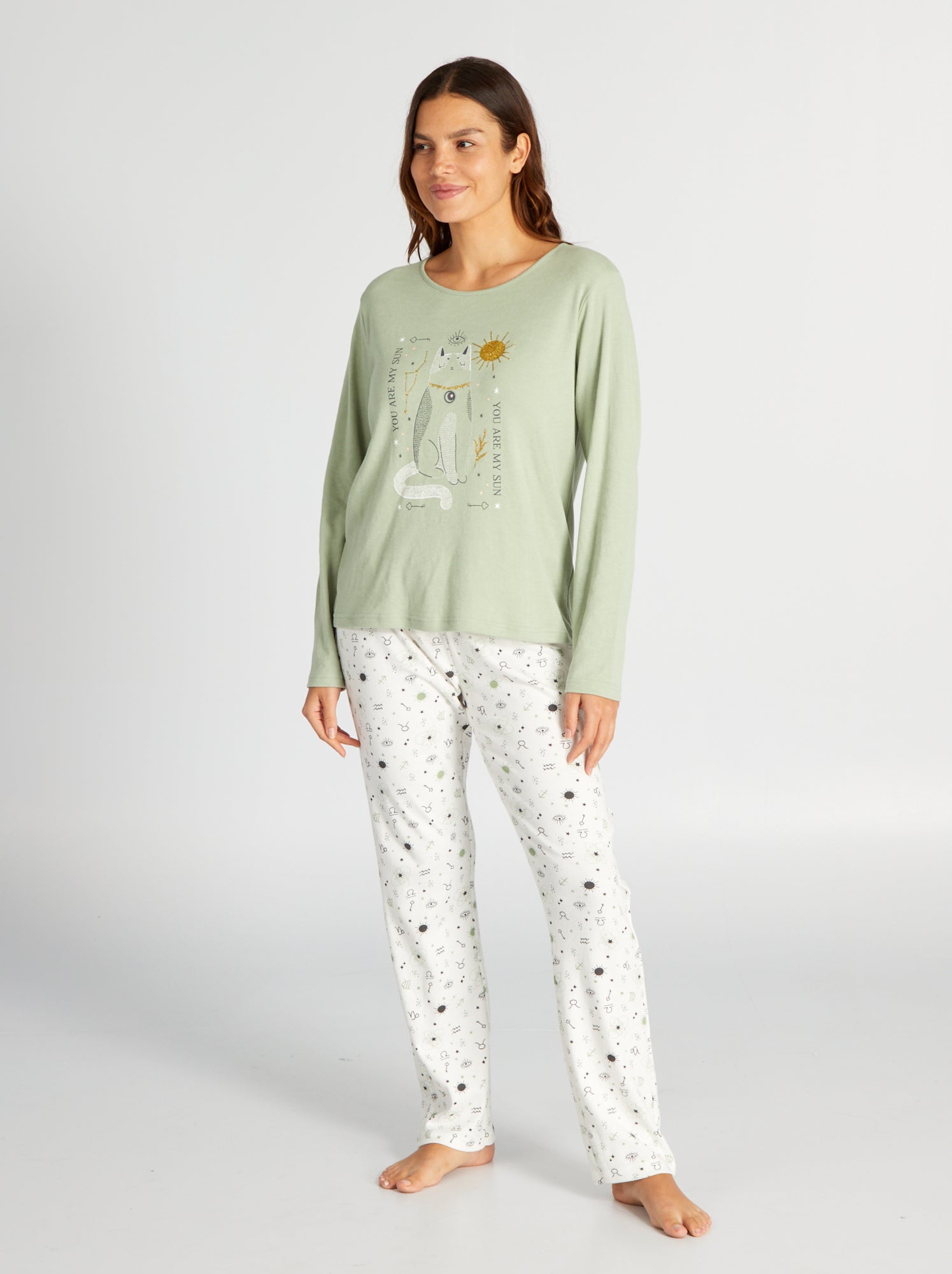 Completo pigiama lungo t-shirt + pantaloni in jersey - 2 pezzi - verde/bianco