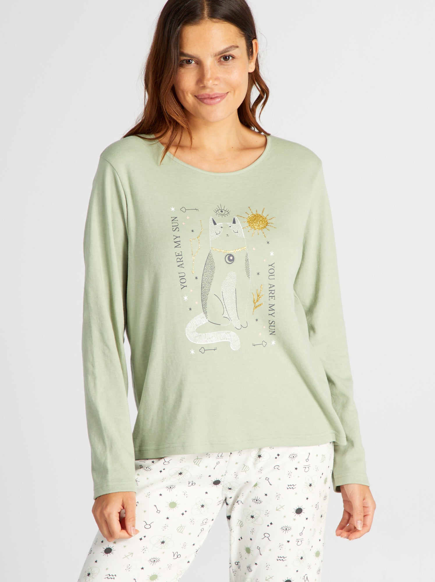 Completo pigiama lungo t-shirt + pantaloni in jersey - 2 pezzi - verde/bianco