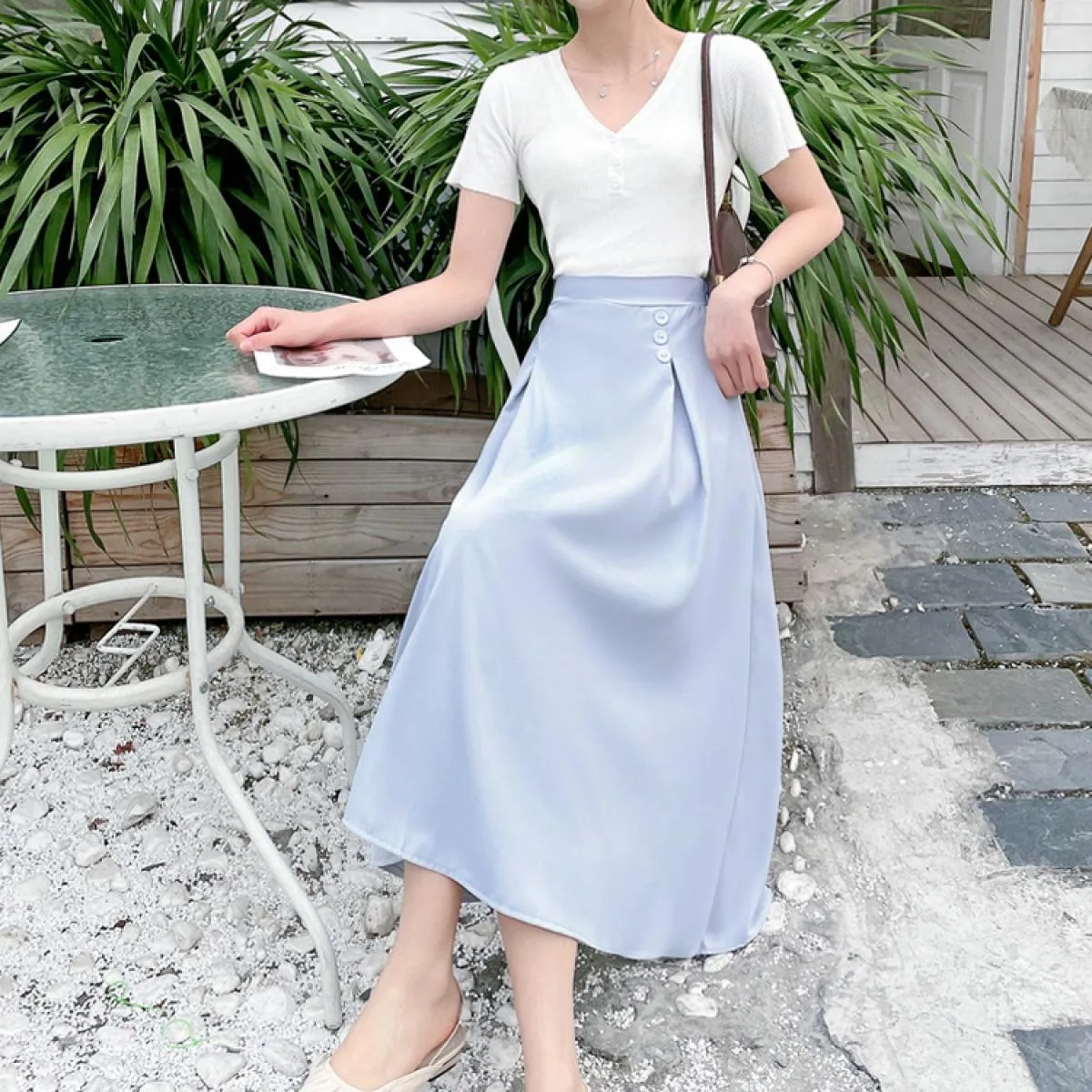 Eleganti gonne longuette Ol a 3 bottoni per le donne Moda vita alta posteriore in twill elastico adatto a una gonna a linea 2023