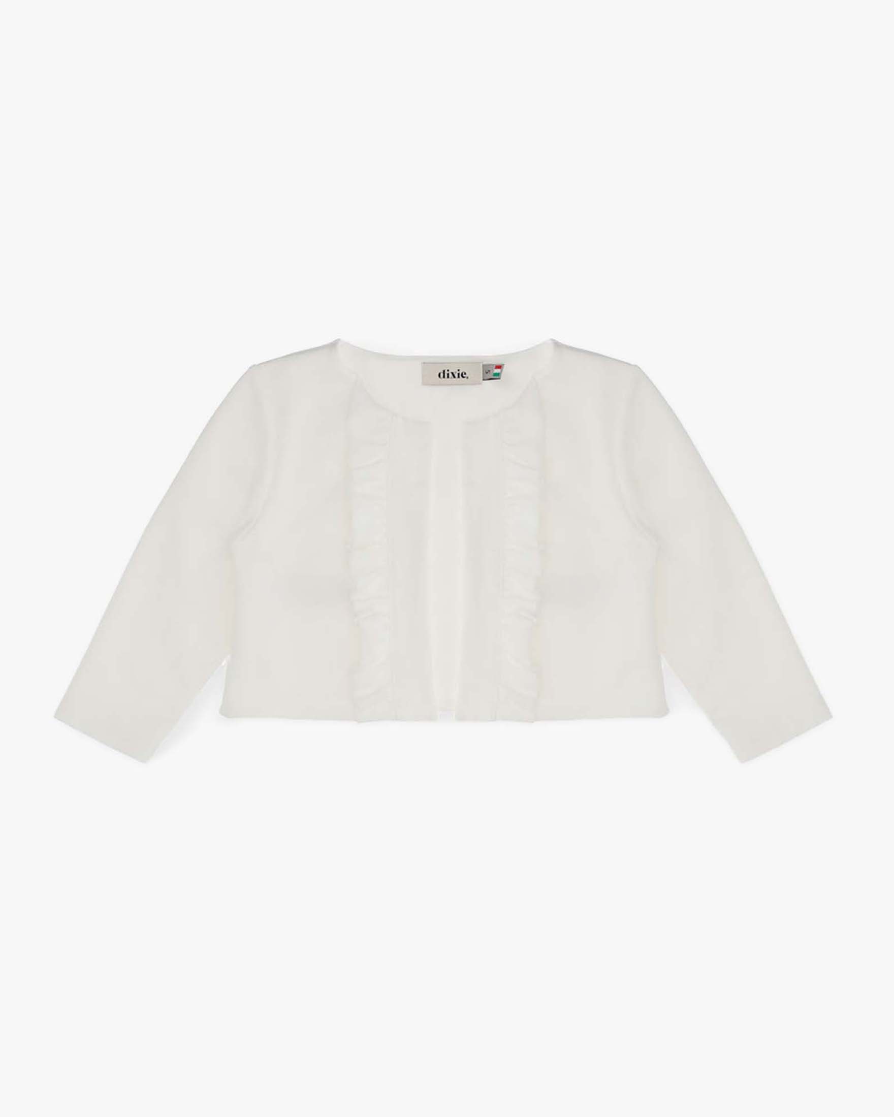 Giacca cropped bianca in jersey di cotone stretch con rouches S-2XL