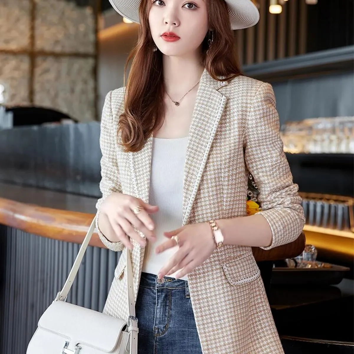 Giacca da donna formale da lavoro da lavoro Blazer Cappotto Verde albicocca Plaid nero Giacca da donna a maniche lunghe con bott