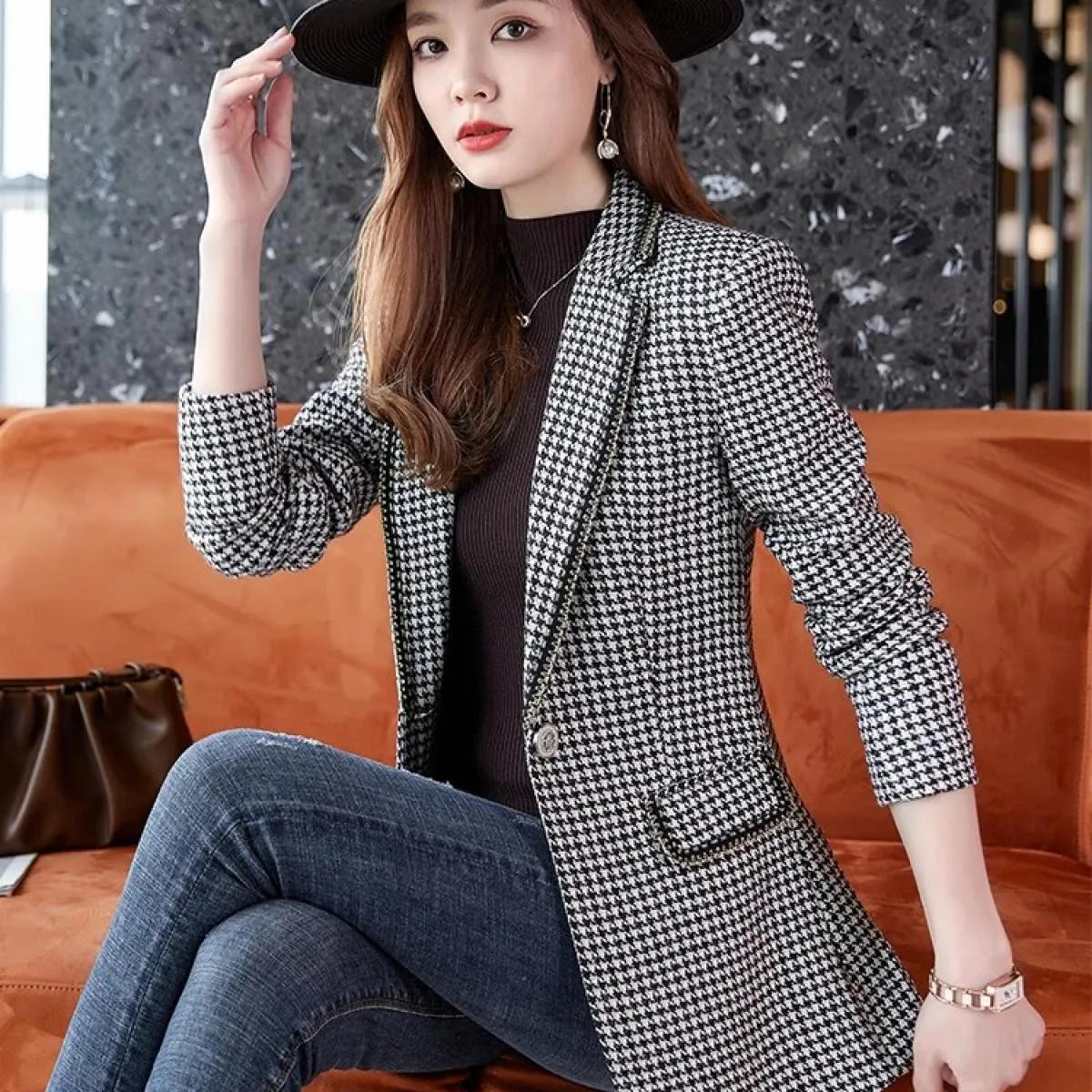 Giacca da donna formale da lavoro da lavoro Blazer Cappotto Verde albicocca Plaid nero Giacca da donna a maniche lunghe con bott