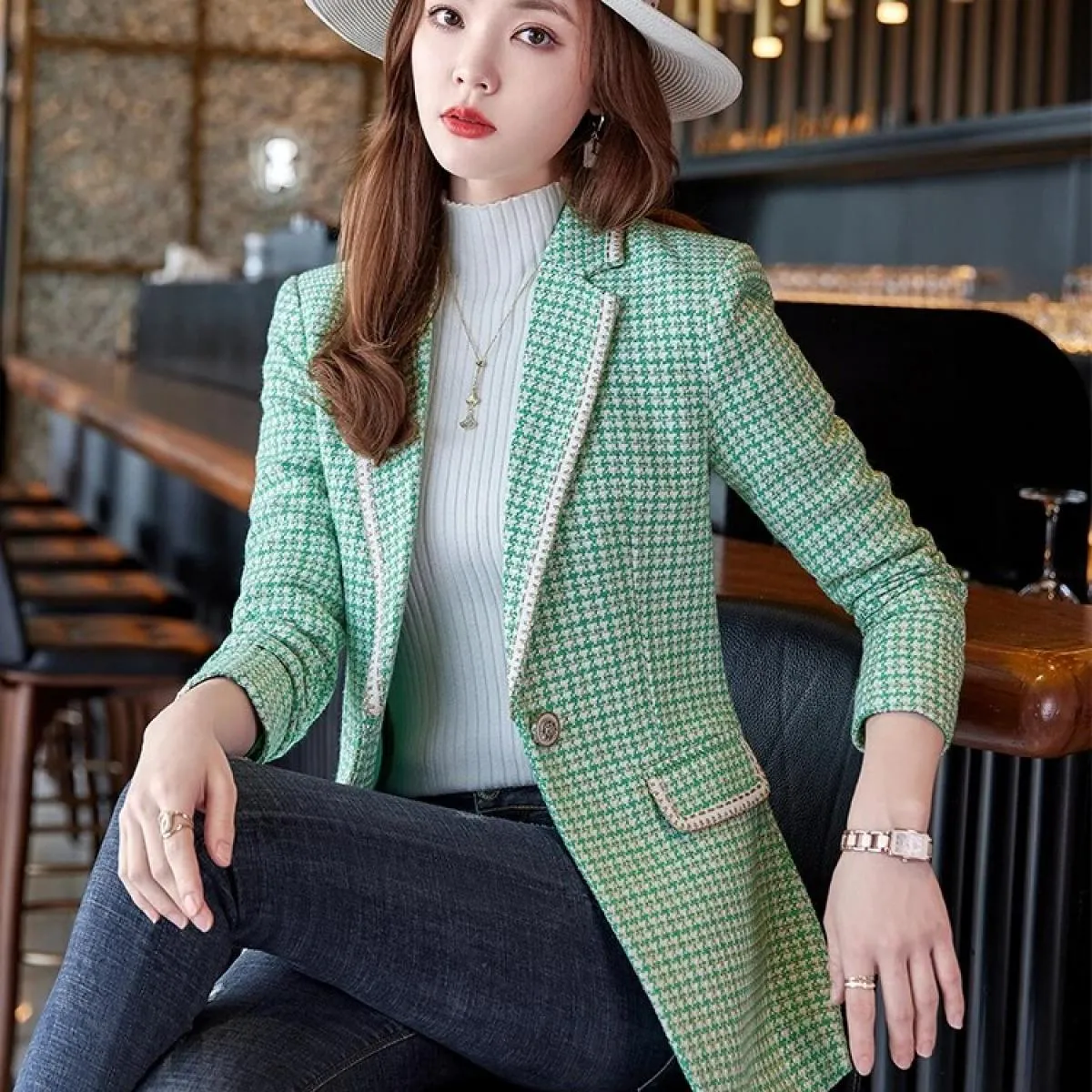 Giacca da donna formale da lavoro da lavoro Blazer Cappotto Verde albicocca Plaid nero Giacca da donna a maniche lunghe con bott
