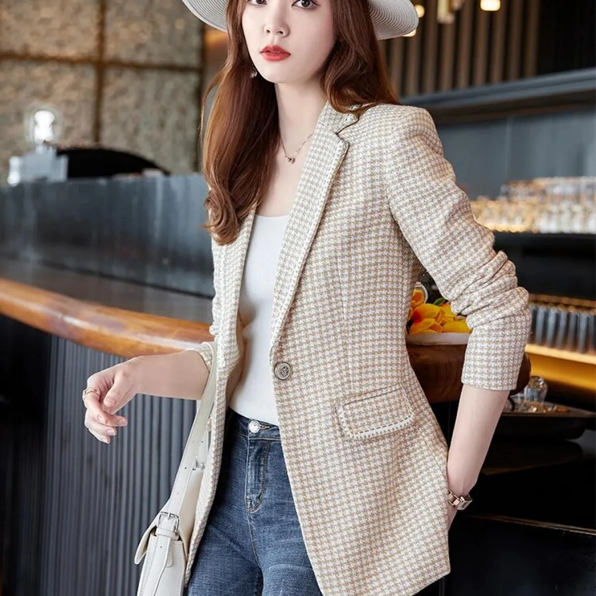 Giacca da donna formale da lavoro da lavoro Blazer Cappotto Verde albicocca Plaid nero Giacca da donna a maniche lunghe con bott