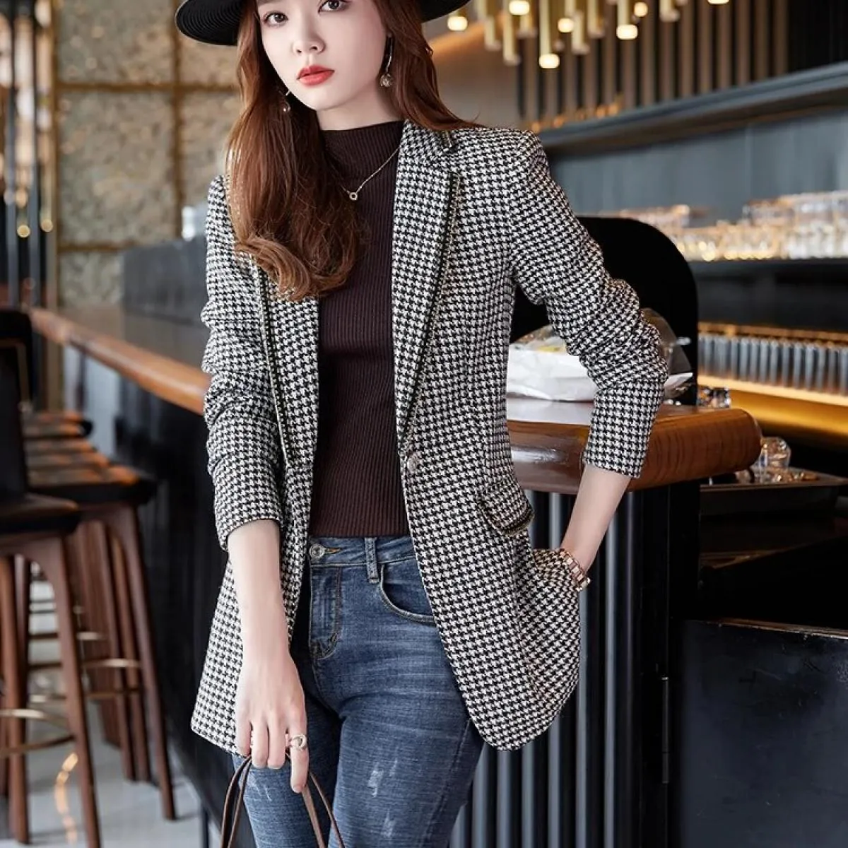Giacca da donna formale da lavoro da lavoro Blazer Cappotto Verde albicocca Plaid nero Giacca da donna a maniche lunghe con bott
